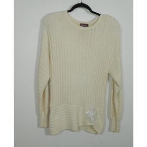 Raoul Sweater Medium Ivory Silk Vintage High Neck Y2K Grandma Sequin‎ Brooch